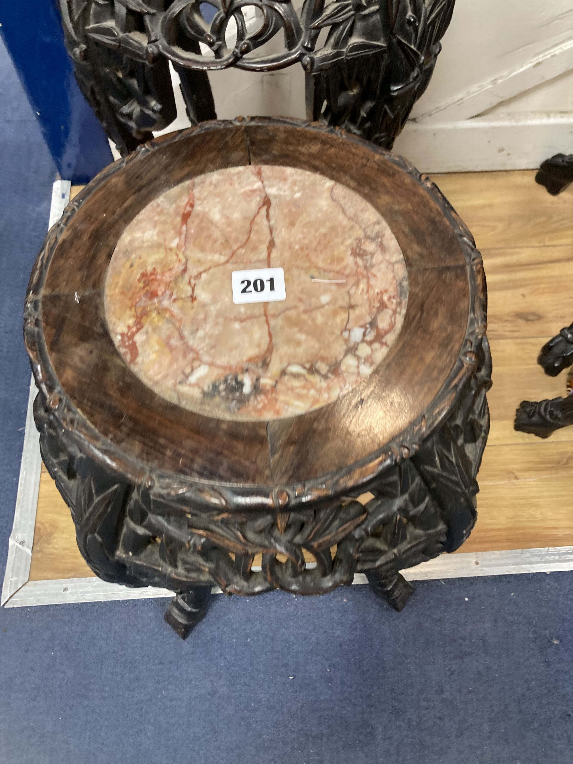 Two Chinese hongmu and marble inset faux bamboo vase stands, c.1900, larger width 36cm height 60cm